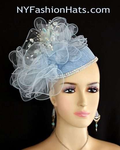 Baby Blue Rose Bud Rhinestone Sinamay Straw Wedding Bridal Fascinator