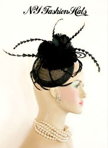 Black Sinamay Straw Feather Wedding Fascinator Cocktail Hat Kentucky Derby Hats Headpiece 489MN