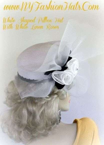 Women's White Pillbox Hat With Linen Roses And Black Ivy Leaves - Image 2