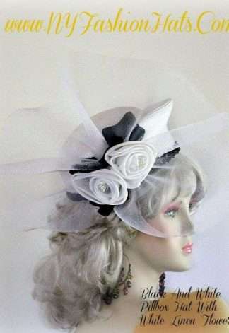 Women's White Pillbox Hat With Linen Roses And Black Ivy Leaves