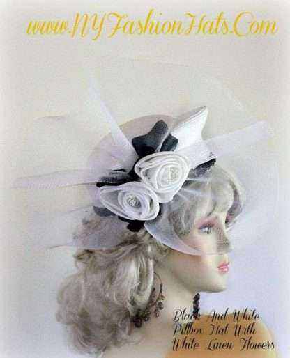 Women's White Pillbox Hat With Linen Roses And Black Ivy Leaves