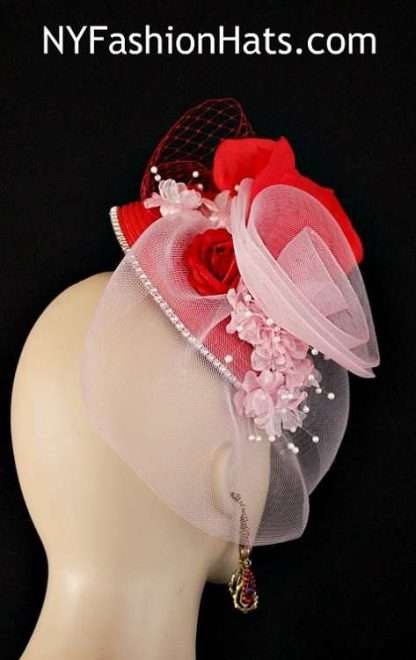 Ladies Red Pink Designer Wedding Fascinator Pillbox Cocktail Hat Custom Hats Millinery - Image 2