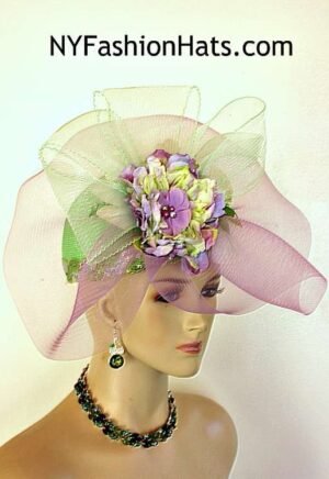 Couture Designer Pillbox Wedding Church Hat Lime Green Lavender Purple P2N