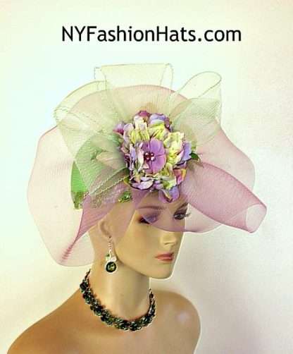 Couture Designer Pillbox Wedding Church Hat Lime Green Lavender Purple P2N