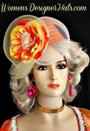Cocktail Hat Orange Yellow Flapper Headpiece