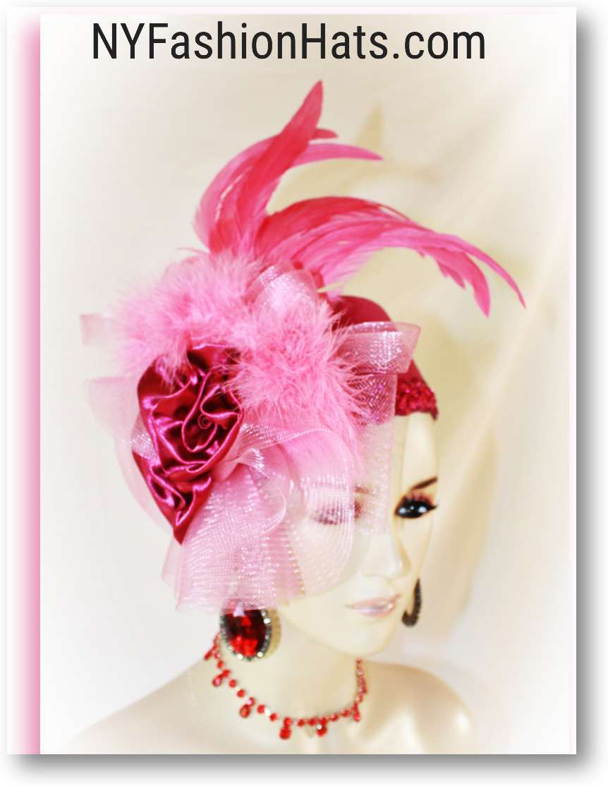 Fuchsia Hot Baby Pink Winter Wool Satin Feathered Designer Pillbox Hat For Women