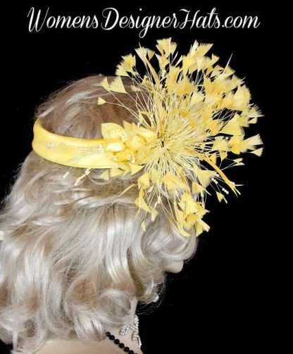 Kentucky Derby Hat, Yellow Rosebud Satin Goddess Cocktail Hat, Occasion Wedding Fascinator Races, NYFashionHats, CoutureDesignerHats, Demi - Image 2