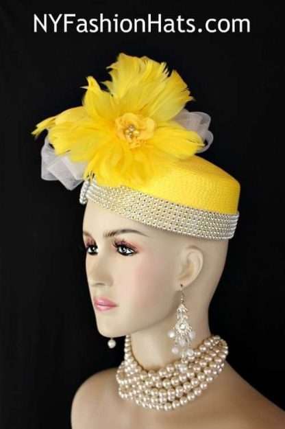 Yellow Designer Pillbox Hat Cocktail Wedding Church Derby Hats K722 - Image 2