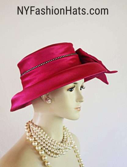 Womens Haute Couture Designer Hats, Avant Garde Dress Hats, Formal Wedding Hats, Mother Of The Bride Hats, Bridal Fascinator, Pillbox Hats, Satin Hats, Large Brim Hats, Kentucky Derby Hats, Hats For Horse Races, hatswomens.com, Formal Hot Pink Satin Wedding Hat