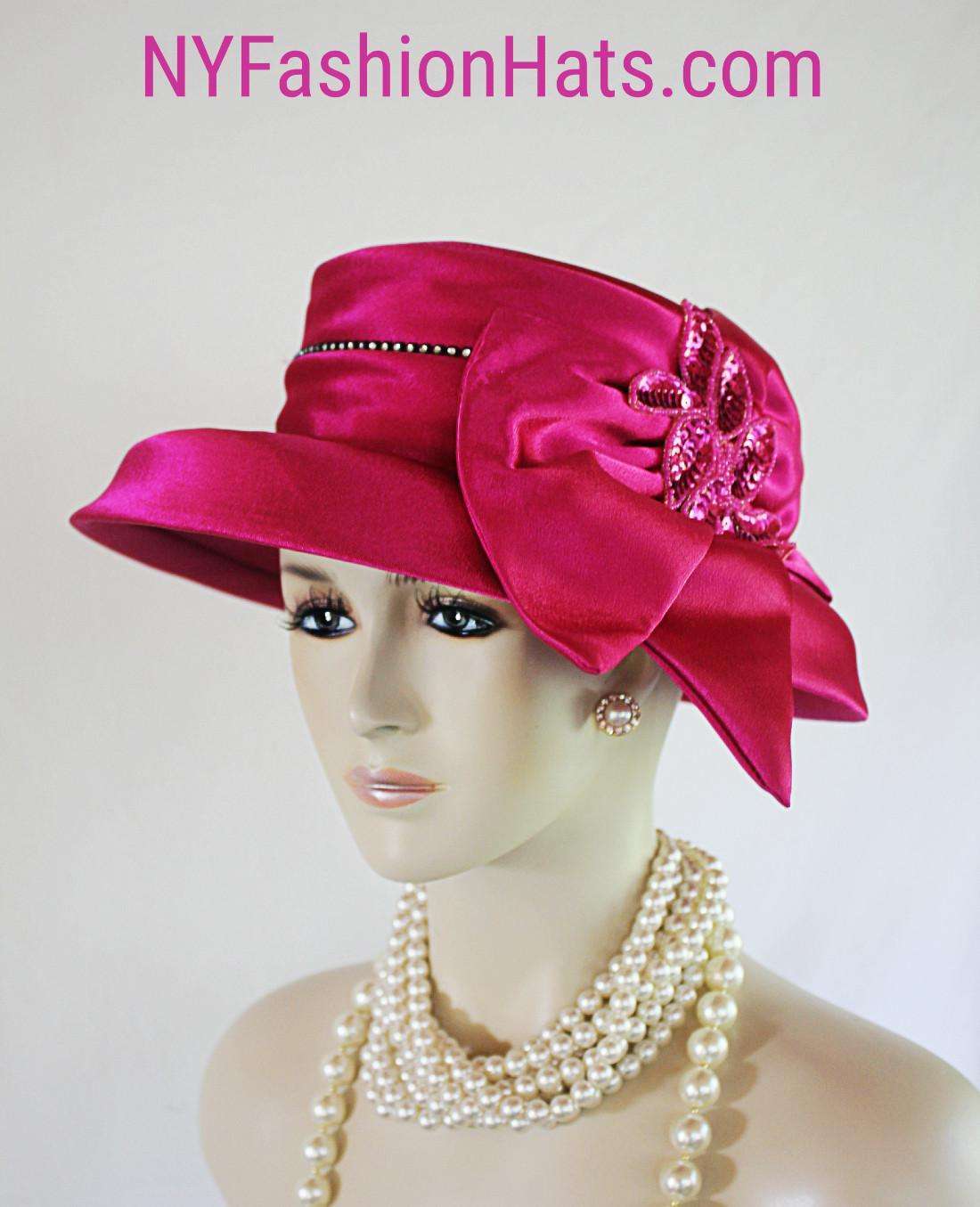 Womens Haute Couture Designer Hats, Avant Garde Dress Hats, Formal Wedding Hats, Mother Of The Bride Hats, Bridal Fascinator, Pillbox Hats, Satin Hats, Large Brim Hats, Kentucky Derby Hats, Hats For Horse Races, hatswomens.com, Women's Hot Pink Satin Occasion Hat